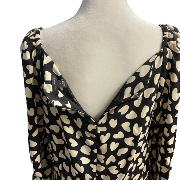 Ann Taylor Long Ruched Sleeve Dress Size 6 Black with Ivory Hearts Square Neck - Picture 6 of 10